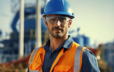 Handsome male worker in protective uniform, shield glasses and hard hat standing in front of oil and gas refinery plant industry factory. - obrazy, fototapety, plakaty