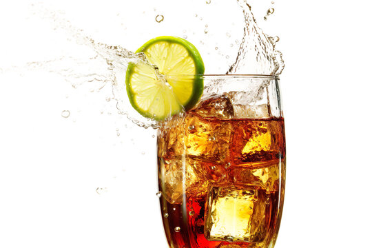 A lively image featuring a refreshing rum and cola cocktail, with splashing liquid and a lime slice. This energizing drink is perfect for celebrations and partie.