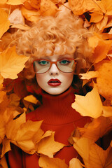 In a vibrant and captivating autumn setting, a stylish woman with red hair and glasses stands out amongst the changing leaves, creating an ethereal atmosphere of fashion and nature