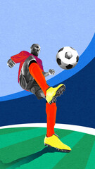 Bottom view image of african man, football player in motion, dribbling ball with leg on stadium....