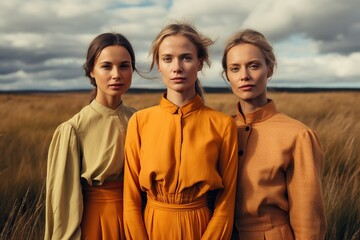 A vibrant group of young women posing in the autumnal field, each dressed in fashionable and unique fabrics that stand out against the dramatic sky of clouds