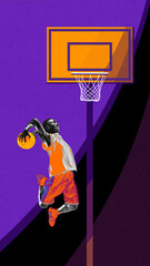 Dynamic image of african man, basketball player in a jump, throwing ball into basket. Contemporary...