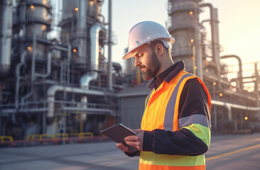 Industry engineer man using tablet with white safety helmet standing front of oil refinery. Factory oil storage tank and pipeline. Worker in a refinery.