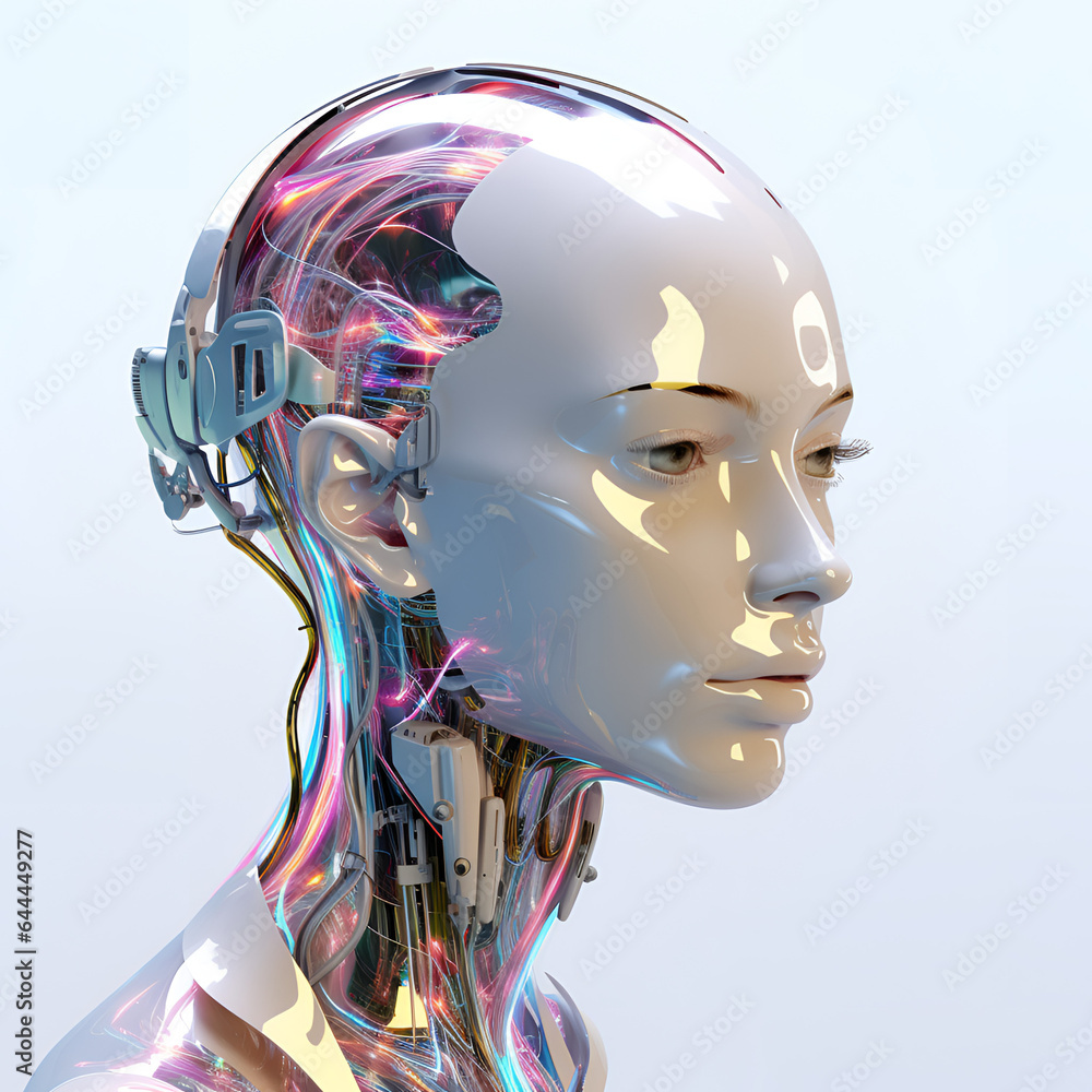 Poster Artificial android human with wires in the head. 3D illustration in retrofuturistic sci-fi style.