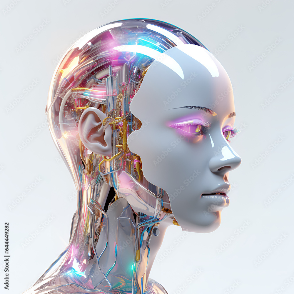 Poster Artificial android human with wires in the head. 3D illustration in retrofuturistic sci-fi style.