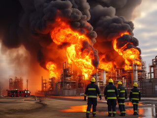 Major fire at an industrial oil refinery. Powerful explosion with black smoke cloud, firefighters in action.