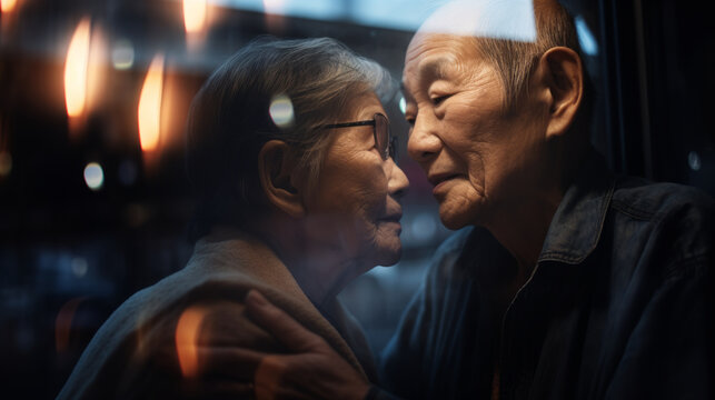 AI Generated Image of happy Asian Senior elderly couple in love behind the window at night in looking at each other