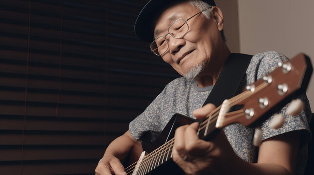 AI Generated Image of hipster Asian senior man rock musician playing guitar at home