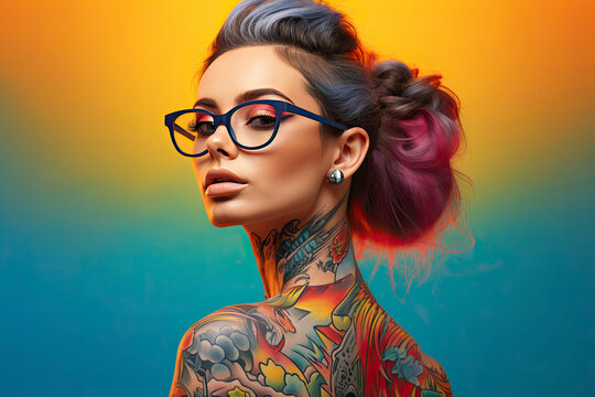 Young woman portrait with tattoo on shoulder standing on city street. Beautiful tattooed woman is posing for the camera. Generative AI. Beautiful girl with stylish make-up and tattooed arms.