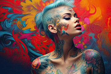 Exotic beauty of a woman with intricate henna tattoos, against a vibrant, colorful background. Young woman portrait with tattoo on shoulder standing on city street. Generative AI.