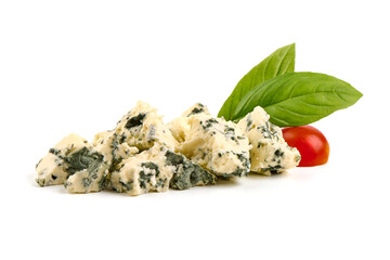 Blue cheese pieces, gorgonzola, isolated on white background.