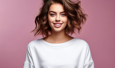 Fototapeta premium Chic and vibrant: Elegant lady in white standing in a pink-themed studio.
