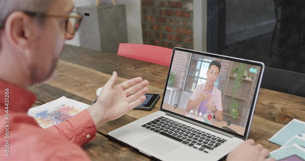 Poster Caucasian businessman on laptop video call with caucasian male colleague on screen