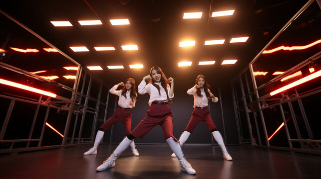 Asian young K-pop girl band dancing