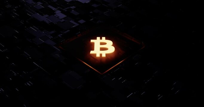 Bitcoin cryptocurrency logo in golden dark tech background, Footage in Ultra HD 4K with blue Illuminated panel for video about cryptocurrencies, trading and banking. Freezeframe in the end.