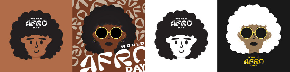 World Afro Day Poster Set. Cartoon Illustrations of people with afro hairstyles. Human Icons with afro hair. Vector Illustration. 