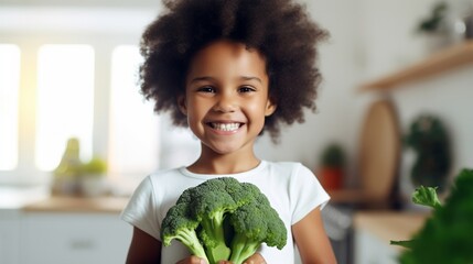 Little beautiful african girl posing with broccoli in the kitchen. Healthy vegan baby foods concept. - obrazy, fototapety, plakaty