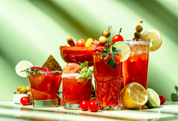Bloody Mary, Joseph, Caesar and other cocktails variation with tomato juice, vodka, hot sauce and celery. Cocktail party. Green background, hard light © 5ph