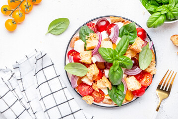 Panzanella vegetable salad with stale bread, colorful tomatoes, soft cheese, red onion, olive oil, salt and green basil, white background, top view