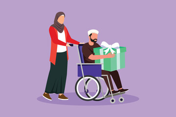 Character flat drawing Arabian female and disabled male in wheelchair. Woman shopping and give gift box to man. Disability rehabilitation, invalid people assistance. Cartoon design vector illustration