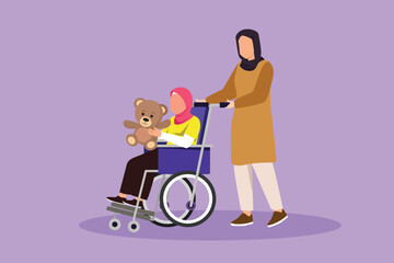 Character flat drawing Arabian mother with beautiful disabled daughter in wheelchair came for examination at clinic hospital. Mom helps cute child with disabilities. Cartoon design vector illustration