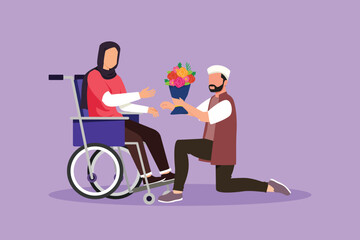 Graphic flat design drawing Arab male, disabled female in wheelchair. Man give bouquet of flower to woman. Caregiver, family moral support. Disability rehabilitation. Cartoon style vector illustration