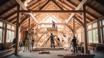 Wide shot of craftsmen setting up the framework for a timber house - obrazy, fototapety, plakaty