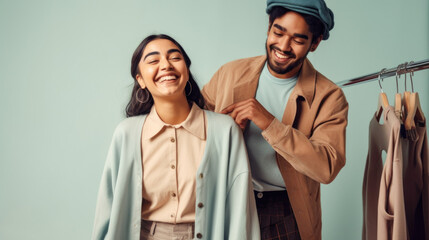 Smiling ethnic couple trying on outfits in a boutique. Generative AI