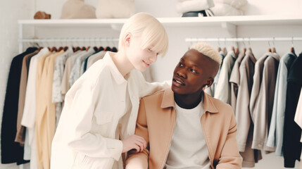 An afro man and albino woman posing with smiles while shopping in a clothing store. Generative AI