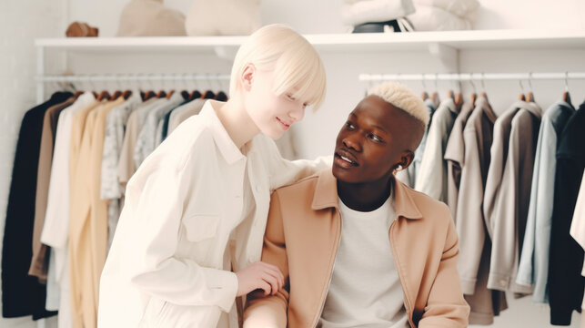 An afro man and albino woman posing with smiles while shopping in a clothing store. Generative AI