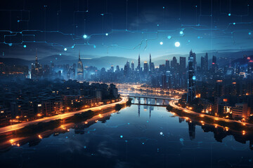 Abstract modern city and buildings at night with lights and connection lines. 3d rendering