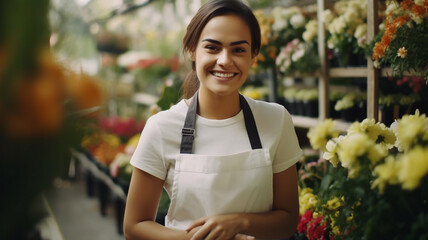 A Beautiful young woman  the Netherland put on an apron sflorist smile happiness gardener posing in greenhouse. Small business owner in flower shop Generative AI