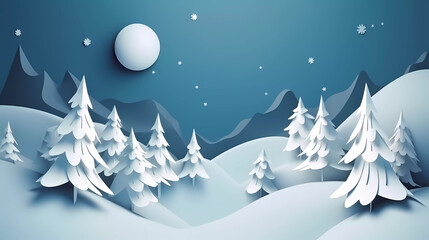 White winter season snowy background in cut paper style.aper illustration, and 3d paper. - obrazy, fototapety, plakaty