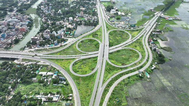 Aerial view of Bhanga four circle, a complex road intersection in Faridpur, Bangladesh.