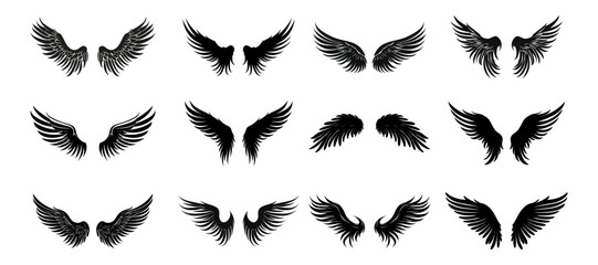 Fototapeta na wymiar Set of black wings icons. Badges with wings. Collection badges with wings in flat style. Vector illustration