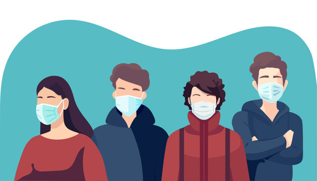 Group of people wearing medical masks to prevent illness, flu, covid in flat style. Vector illustration