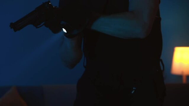 Video of a policeman keeping a burglar, intruder, offender at gunpoint in a dark room. Night, evening crime scene.