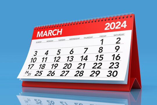 March 2024 Calendar. Isolated on Blue Background. 3D Illustration