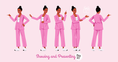 African american woman in pink suit showing, presenting pose set. Wide pants, loose fit business casual wear. Fashion, social media, style, beauty, pop culture blogger. Cartoon character illustration