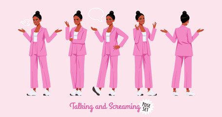African american woman in pink suit talking, screaming pose set. Wide pants, loose fit business casual wear. Fashion, social media, style, beauty, pop culture blogger. Cartoon character illustration