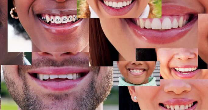 Diversity, teeth and mouth collage with people in montage together for dental, unity or inclusion. Smile, happy or lips with a collection of natural men and women closeup for hygiene or oral care