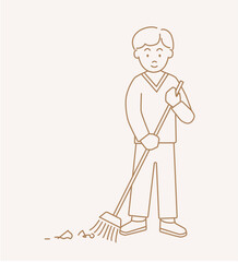 Man doing housework sweeping floor with broom in line art style