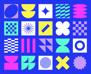 Brutalist naive playful simple shapes, Vaporwave 70s color, Cyber geo design. Rave, Glitch effects. Neon trendy stickers Y2k color, square grid. Cyberpunk aesthetic, graphic design. icons, logotypes