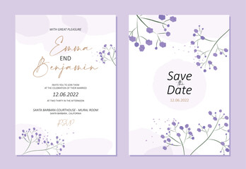 Fototapeta na wymiar Delicate background of a wedding invitation with purple flowers (gypsophila). Used watercolor technique. The invitation is made in a rustic style.
