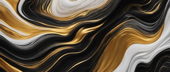 Black white gold liquid paint in mixed wavy strokes, digital painting, wallpaper