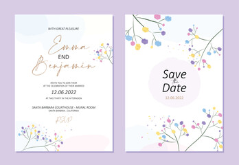 Gentle background of the wedding invitation with colorful flowers (gypsophila). Used watercolor technique. The invitation is made in a rustic style.