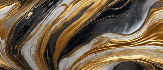 Black white gold liquid paint spilled on surface, digital painting, wallpaper