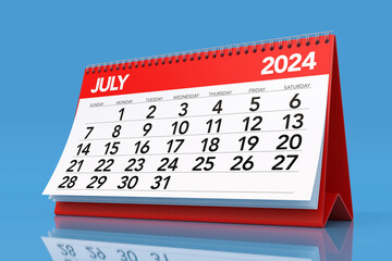 July 2024 Calendar. Isolated on Blue Background. 3D Illustration
