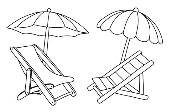 Set Of Hand Drawn Beach Chairs. Beach Chair Line Art Black Isolated On White Background.