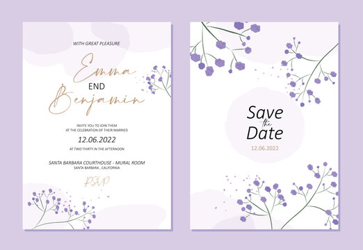 Delicate background of a wedding invitation with purple flowers (gypsophila). Used watercolor technique. The invitation is made in a rustic style.